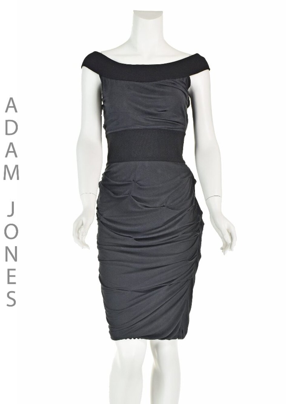 ADAM JONES Gray Puckered Sheath Dress w/ Black Knit Waist & Neckline, SZ M